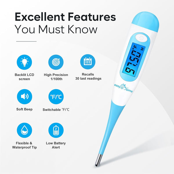 Thermomètre basal oral numérique Easy @ Home avec grand écran LCD rétroéclairé bleu, EBT-100-Blue