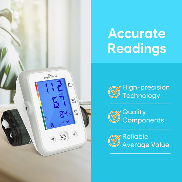 Blood Pressure Monitor for Home Use: Easy@Home Upper Arm Large Cuff BP Machine - Automatic Digital with 3-Color Backlit Hypertension Display and Pulse Meter Irregular Heartbeat Indicator EBP-095L