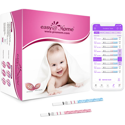 Kit de test d'ovulation Easy @ Home 50 et 20 bandelettes de test de grossesse - Kit de prédiction d'ovulation fiable (50 LH + 20 HCG)