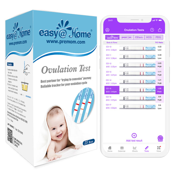 Ovulation test strips (25 ovulation test kit) with free Premom ovulation tracker app to help predict your fertile window and peak fertility to get pregnant fast.