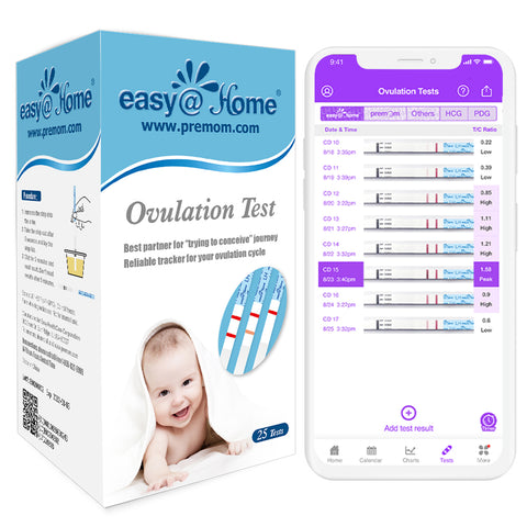 Ovulation test strips (25 ovulation test kit) with free Premom ovulation tracker app to help predict your fertile window and peak fertility to get pregnant fast.