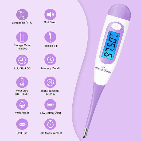 Thermomètre numérique basal Easy @ Home avec grand écran LCD rétro-éclairé, haute précision au 1 / 100ème degré et rappel de mémoire, pour le suivi de l'ovulation et la planification familiale naturelle, EBT-100B-P amélioré (violet)