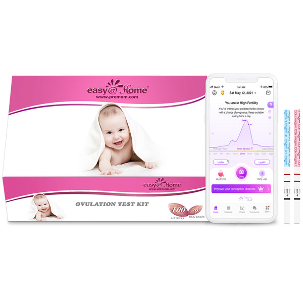 Easy @ Home 100 bandelettes de test d'ovulation et 20 bandelettes de test de grossesse - Le kit de prédiction d'ovulation fiable (100 LH + 20 HCG), alimenté par Premom Ovulation Predictor iOS et Android App