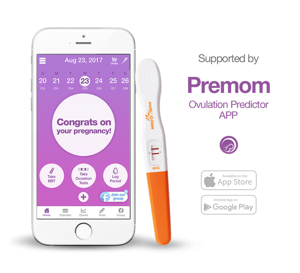 Varillas de prueba de embarazo Easy @ Home 3 - Pruebas de hCG Midstream, desarrolladas por Premom Ovulation Predictor iOS y Android App